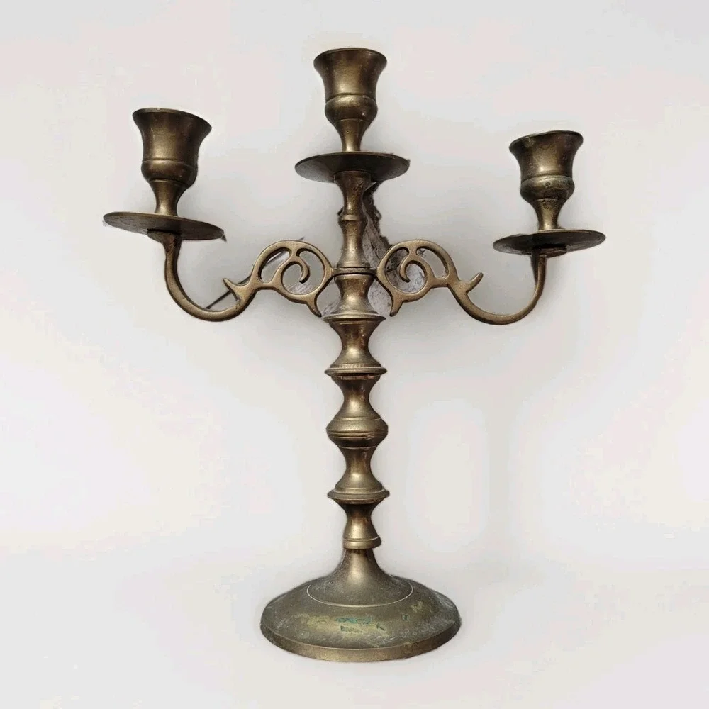 Ornate Vintage Brass Triple‎ Candle Holder | French Country Victorian Decor